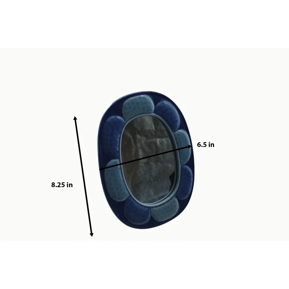Blue Scalloped Ceramic Tabletop Mirror Oval Petal Border Vanity Decor 8.25in